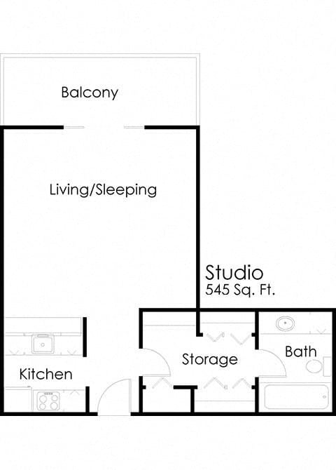 Floor plan for studio, 1 bath, 516 sqft